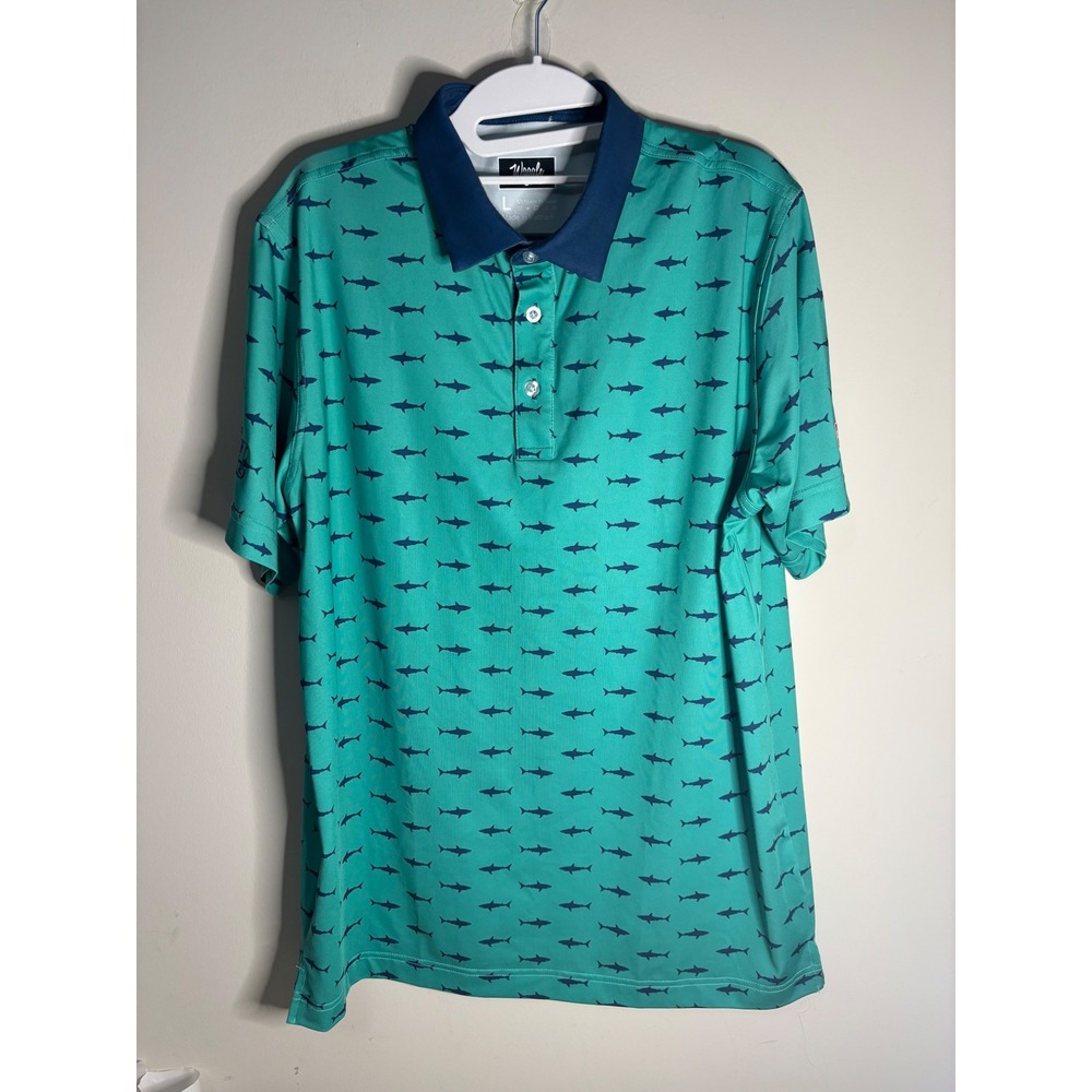 Waggle Golf Polo Shirt Mens Large Teal Green Blue Shark Print Performance‎